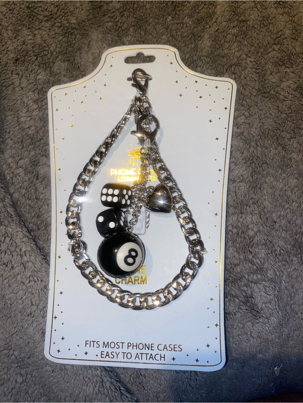 Eye Candy Silver and Black 8-Ball Phone Charm Chain - Fits Most Cases